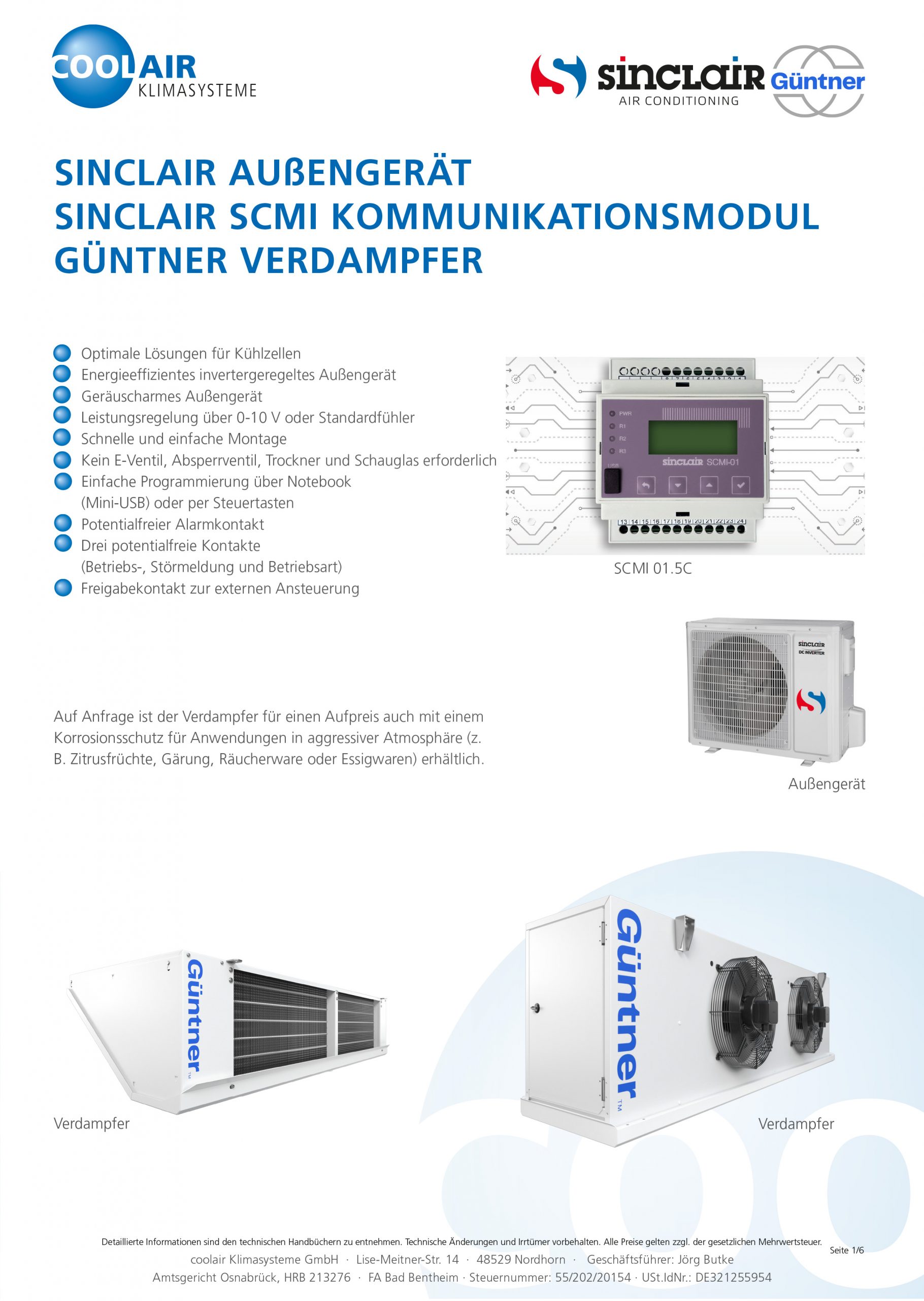 GÜNTNER Verdampfer mit SCMI Modul und Außengerät von SINCLAIR